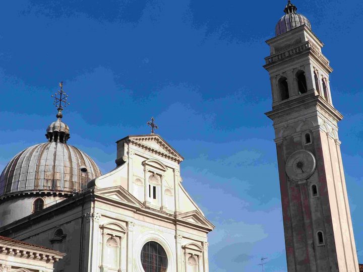 the Greek church of San Giorgio in Venice and its leaning belltower