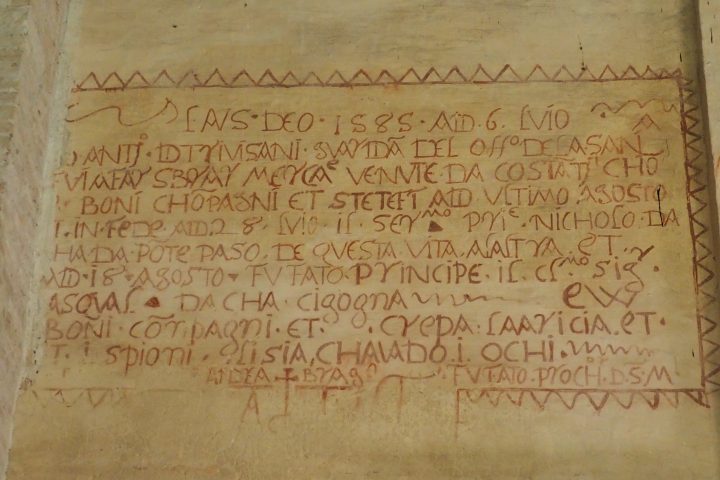 2,5 x 1,45 Meter große Inschrift mit Umrandung ‚denti da lupo‘ Löwenzähne aus 1585 mit Erwähnung vom Dogen Cicogna auf einem Entwurf mit sicherer Schrift geschrieben